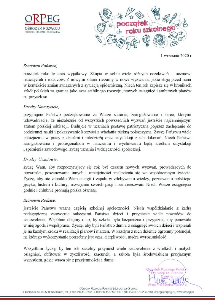Życzenia Dyrektor ORPEG z okazji inauguracji nowego roku szkolnego 2020/2021