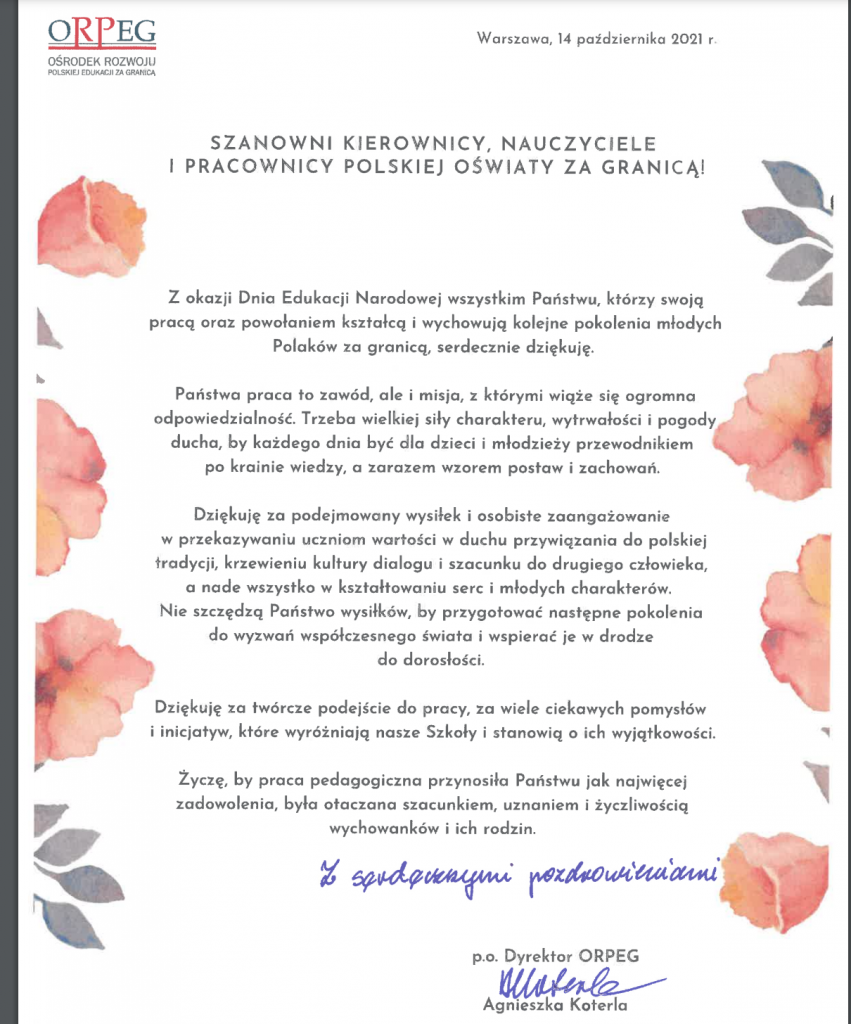LIST DYREKTOR ORPEG Z OKAZJI DNIA EDUKACJI NARODOWEJ.