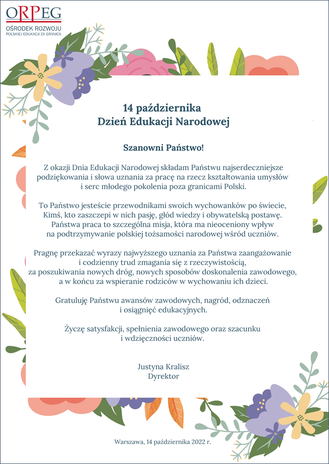DZIEŃ EDUKACJI NARODOWEJ – ŻYCZENIA DYREKTOR ORPEG PANI JUSTYNY KRALISZ Z OKAZJI DNIA EDUKACJI NAR