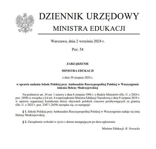 Zarządzenie Ministra Edukacji w sprawie nadania Szkole Polskiej przy Ambasadzie RP imienia Heleny Modrzejewskiej.