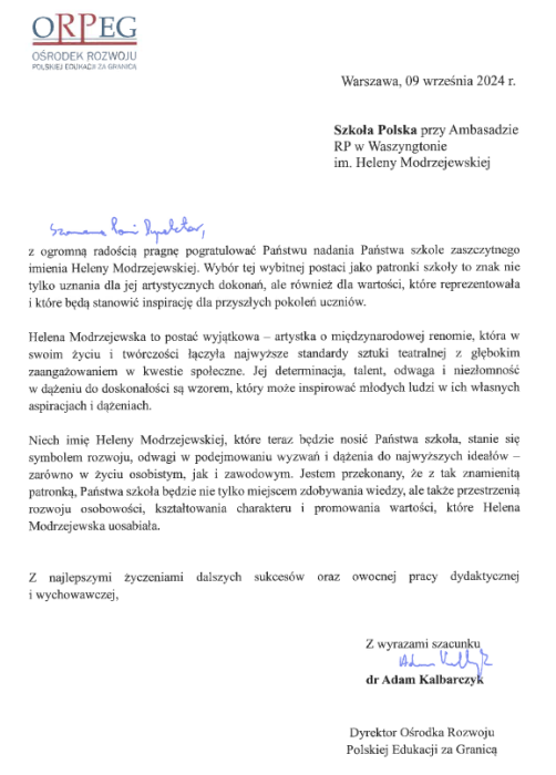 Gratulacje Dyrektora ORPEG o Nadaniu Szkole Imienia Heleny Modrzejewskiej